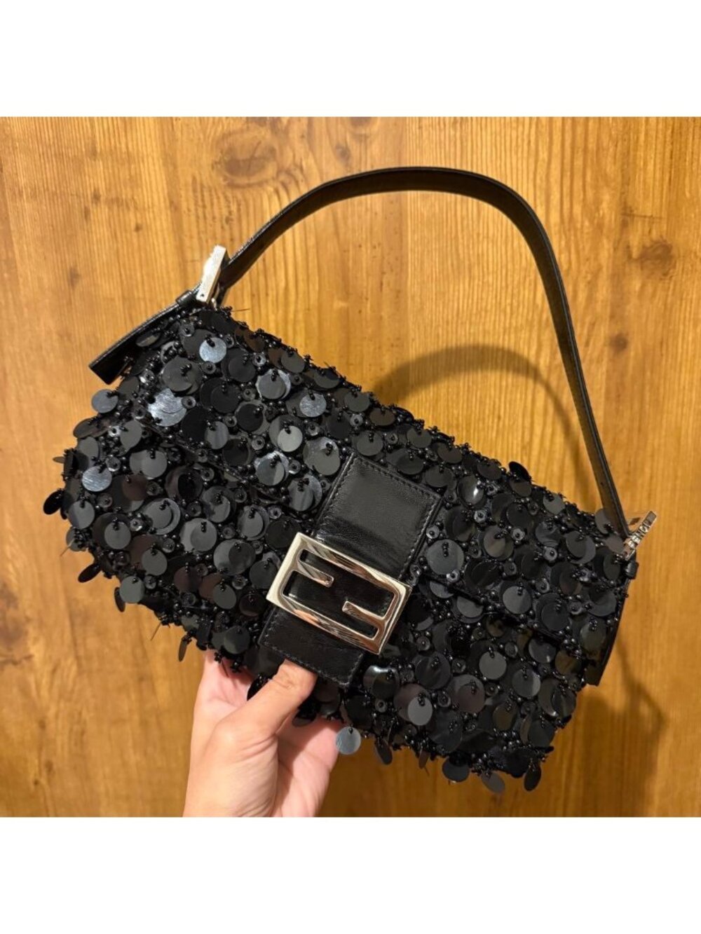 Fendi Baguette Shoulder Bag Sequin Black